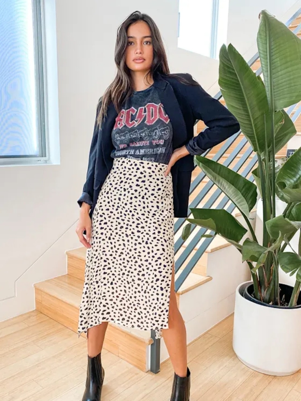 Lulu's Cream Slit Midi Skirt with Black Leopard Spots